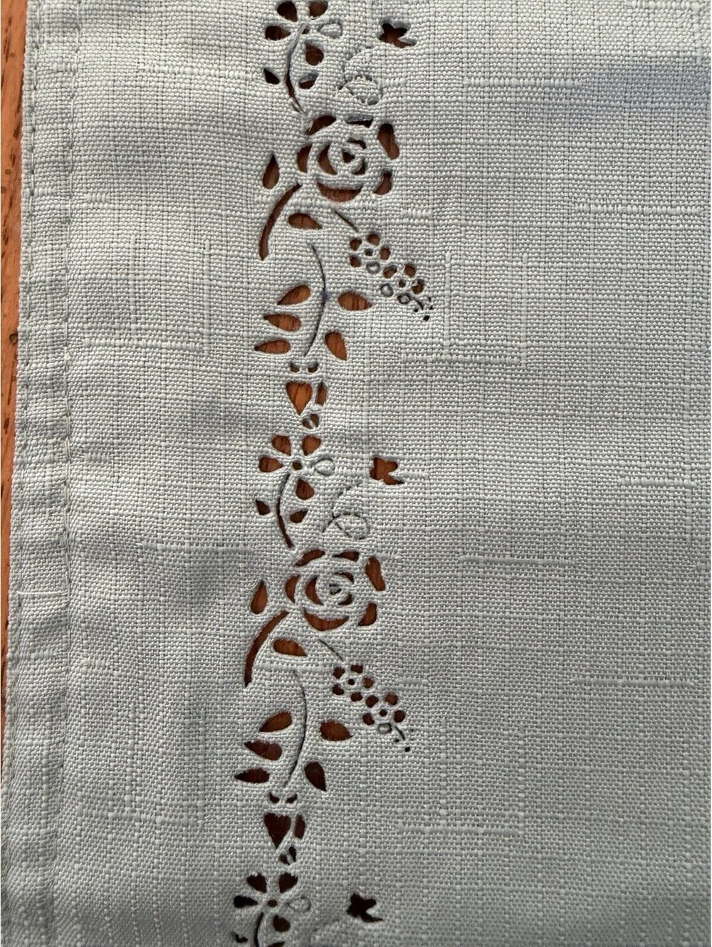 Vintage Style Table Runner Solid Blue Green With Cutwork Floral Border  12x68”